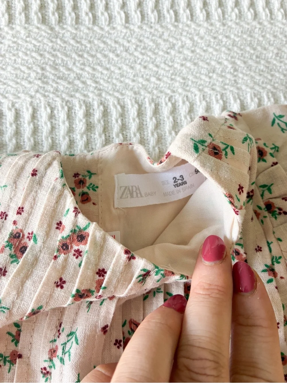 Zara Cream Floral Pintuck Dress Top with Red & Green Flowers
